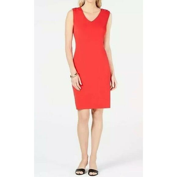 JM Collection Medium M Sheath Dress Sleeveless Red Lined Stretch V-Neck - Picture 1 of 10